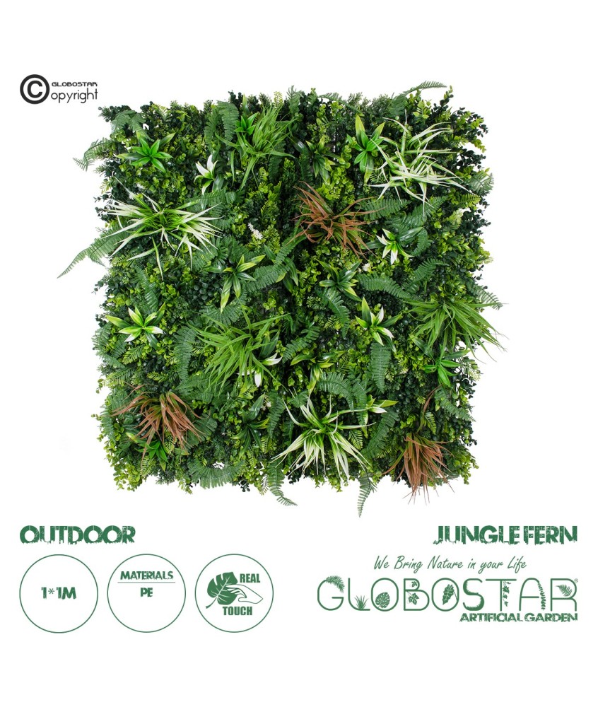 GloboStar® Artificial Garden JUNGLE FERN 20351 Τεχνητό Διακοσμητικό Πάνελ Φυλλωσιάς - Κάθετος Κήπος σύνθεση Ζούγκλα Φτέρης Μ100 x Π100 x Υ20cm